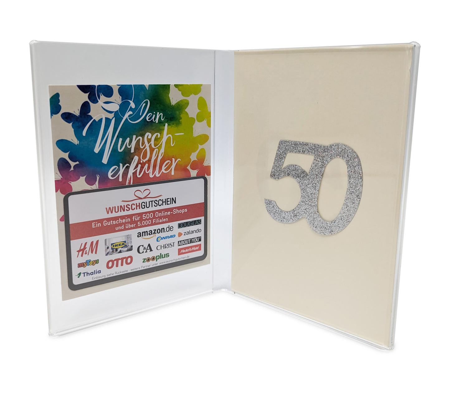 Doppel-Acrylglasrahmen zur Präsentation eines Gutscheins - Karte mit Jubiläumszahl in 4 verschienen Kombinationen