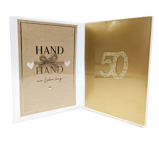 Exklusiver Doppel Acrylglasrahmen mit Karte "Hand in Hand - ein Leben lang"