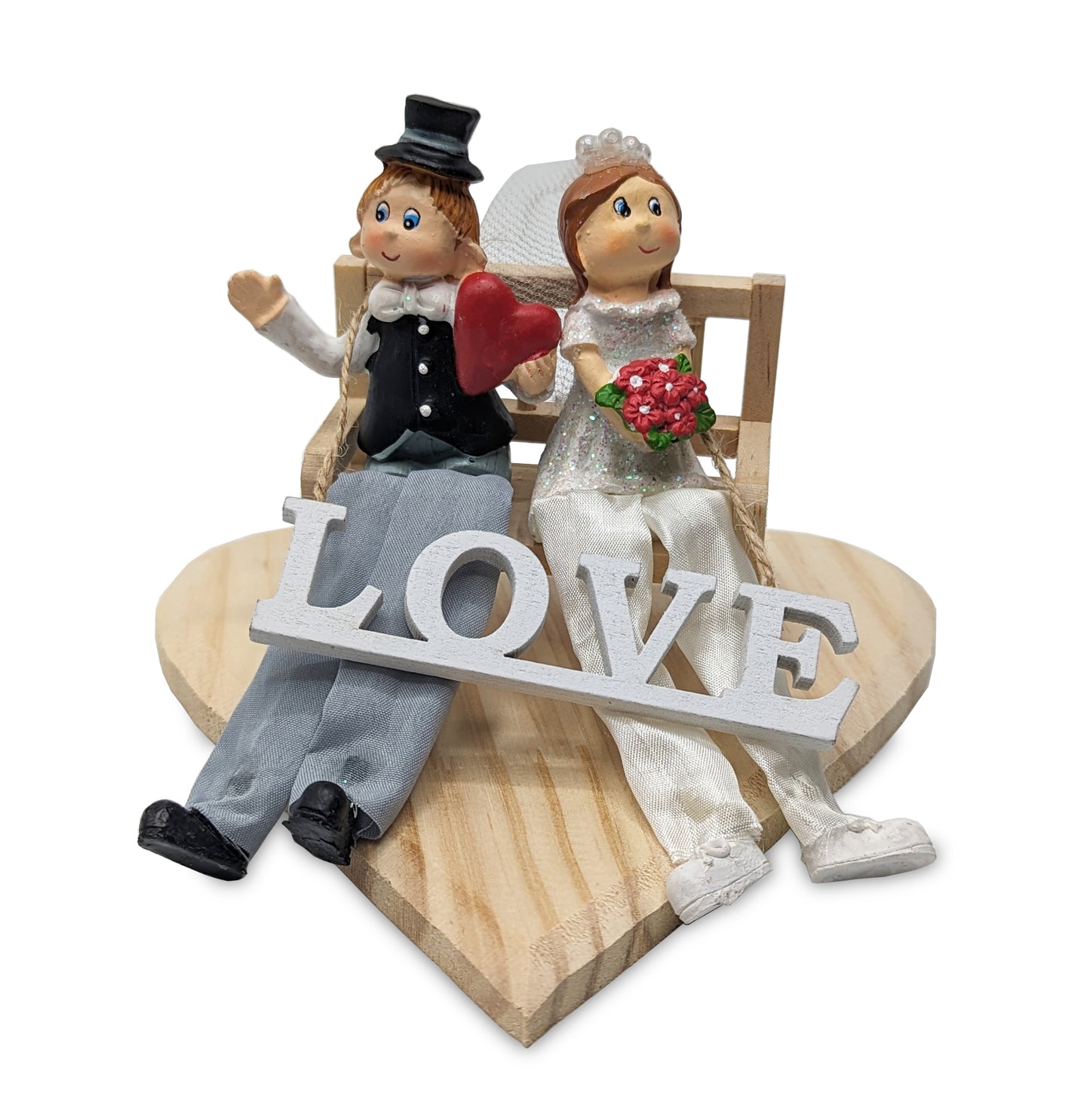 Individuelles und originelles Geldgeschenk zur Hochzeit mit Brautpaar auf einer Minibank und einem Herzen
