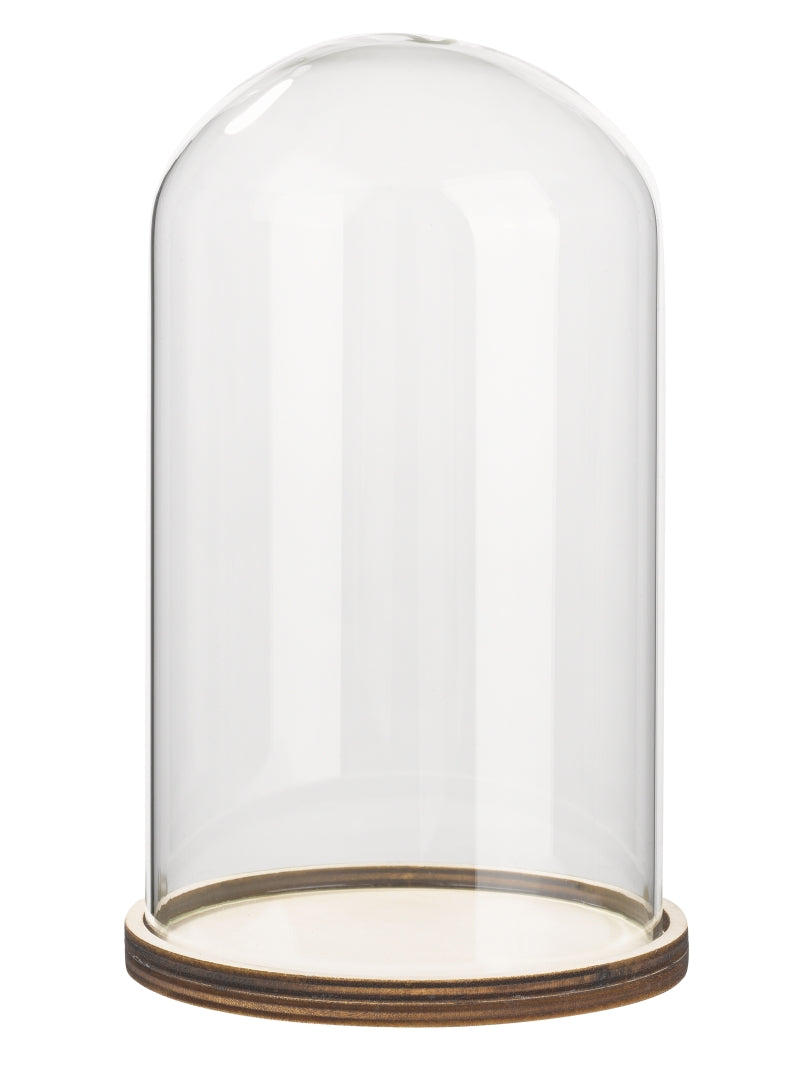 Campana de cristal con base de madera