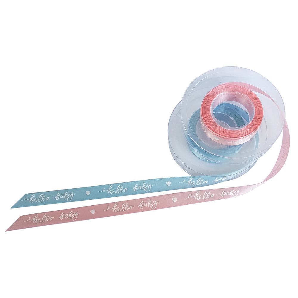 Polyester gift ribbon with "Hello Baby" print in light blue/pink, available in various lengths - 15 mm wide
