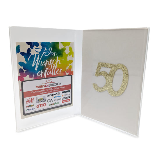 Doppel-Acrylglasrahmen zur Präsentation eines Gutscheins - Karte mit Jubiläumszahl in 4 verschienen Kombinationen