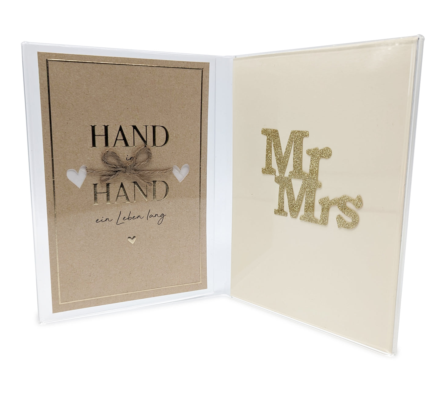 Exklusiver Doppel Acrylglasrahmen mit Karte "Hand in Hand - ein Leben lang"