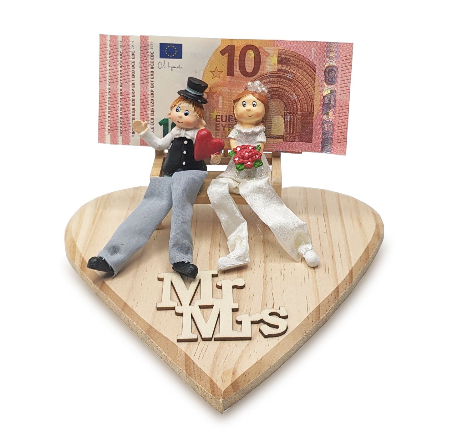 Individuelles und originelles Geldgeschenk zur Hochzeit mit Brautpaar auf einer Minibank und einem Herzen