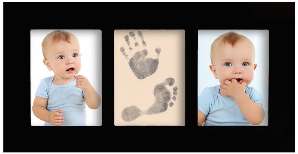 Cadre de galerie pour bébé avec Magic Footprints Special Set pour d'empreintes de pieds et de mains en noir