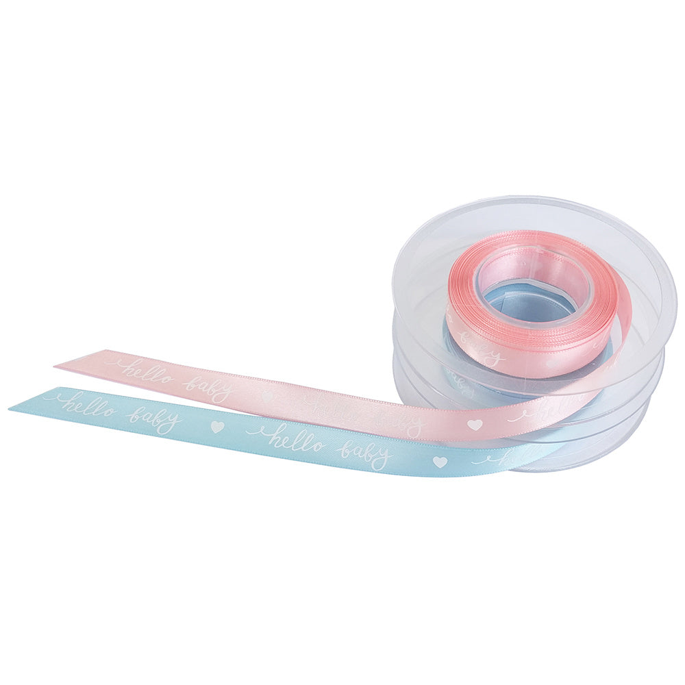 Gavebånd med påtryk Hello Baby i farverne lyseblå/rosa i forskellige længder af polyester - 15 mm bredt