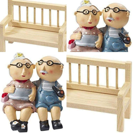 Set av 2 Mini Bänk ca 8 cm av trä och bröllopspar singel, ca 6 cm figurer av polyresin, miniatyr hantverk set
